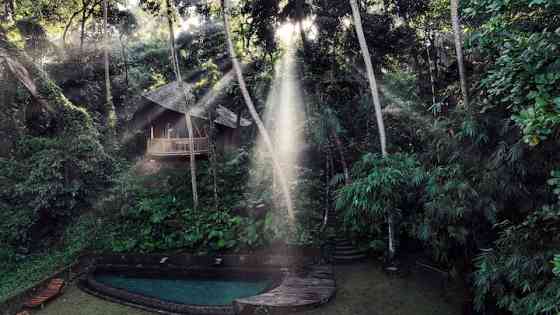 Домик с бамбуковыми черепахами и видом на реку в 5 км до центра Убуда. Ubud